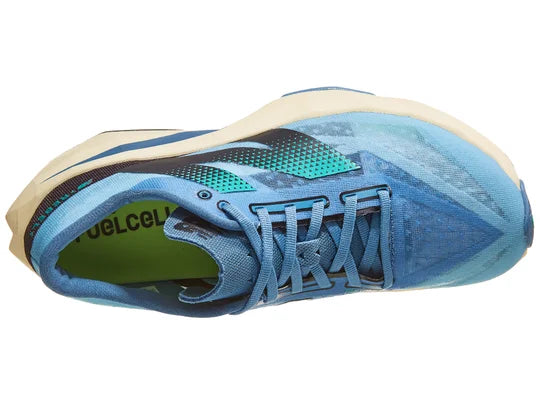 Men's New Balance FuelCell Rebel v4 in Heron Blue/Chrome Blue/Black/Cyber Jade — top view