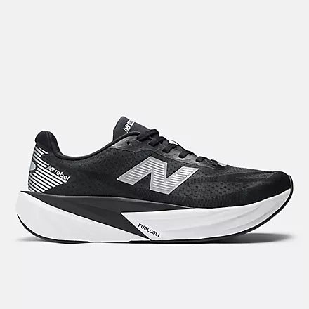 Men's New Balance Rebel v5. Black upper. White midsole. Lateral view.