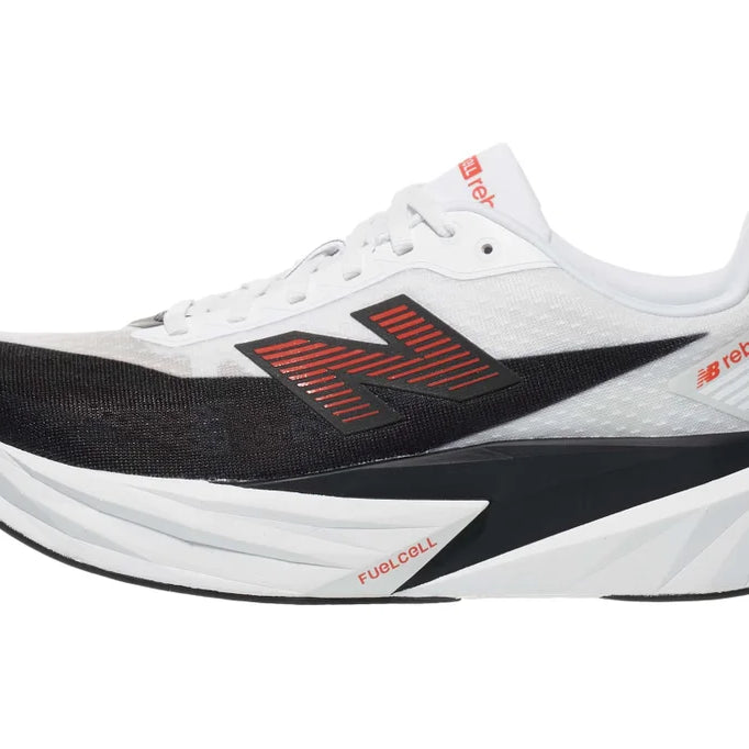 Men's New Balance FuelCell Rebel v5. White/Black upper. White/Black midsole. Lateral view.