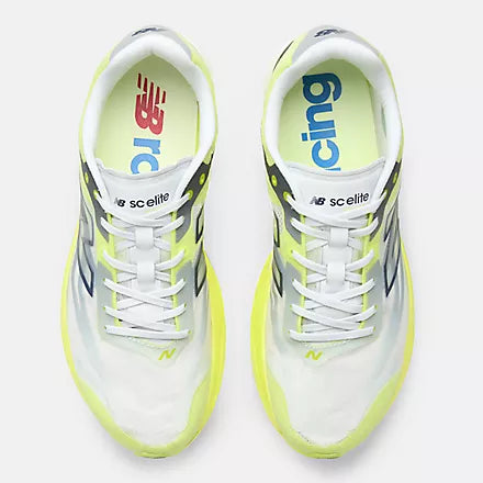Men's New Balance SuperComp Elite v6. White upper. Yellow midsole. Top view.
