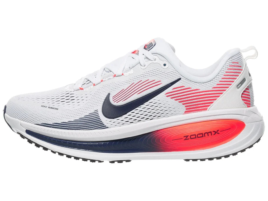 Men's Nike Vomero 18. White upper. Red midsole. Lateral view.