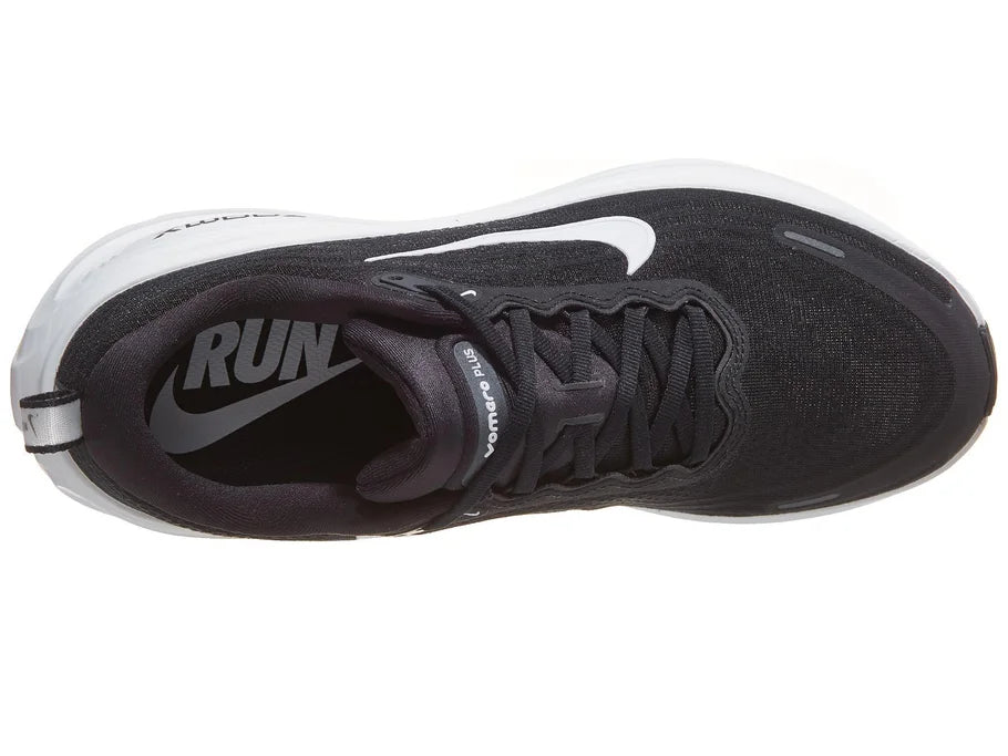 Men's Nike Vomero Plus. Black upper. White midsole. Top view.