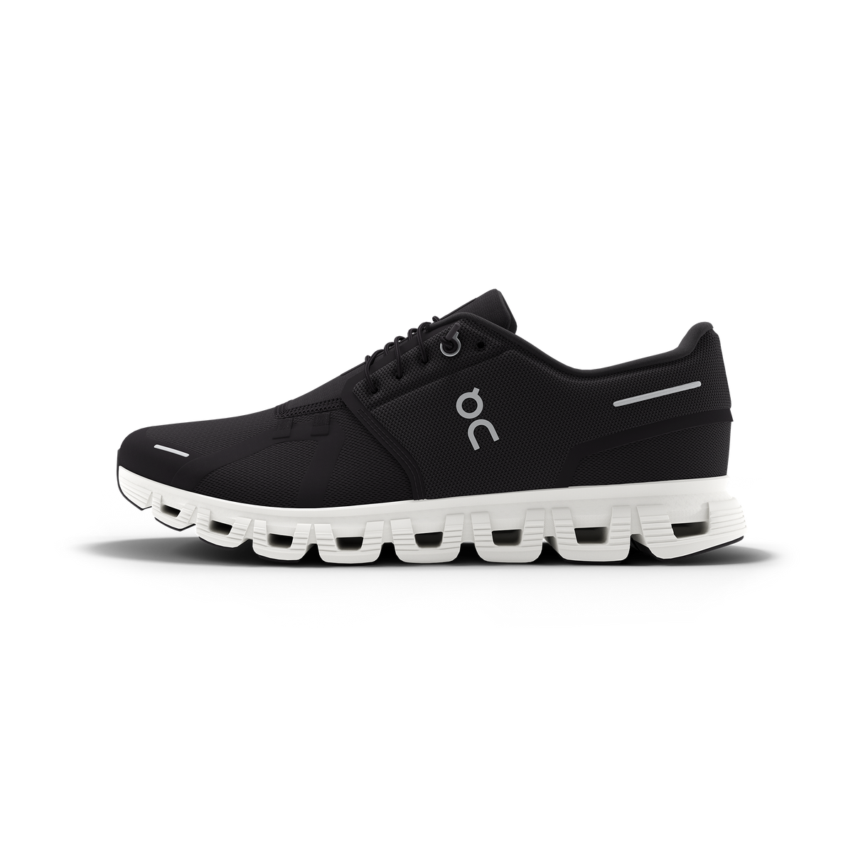 Men's On Cloud 6. Black upper. White midsole. Medial view.