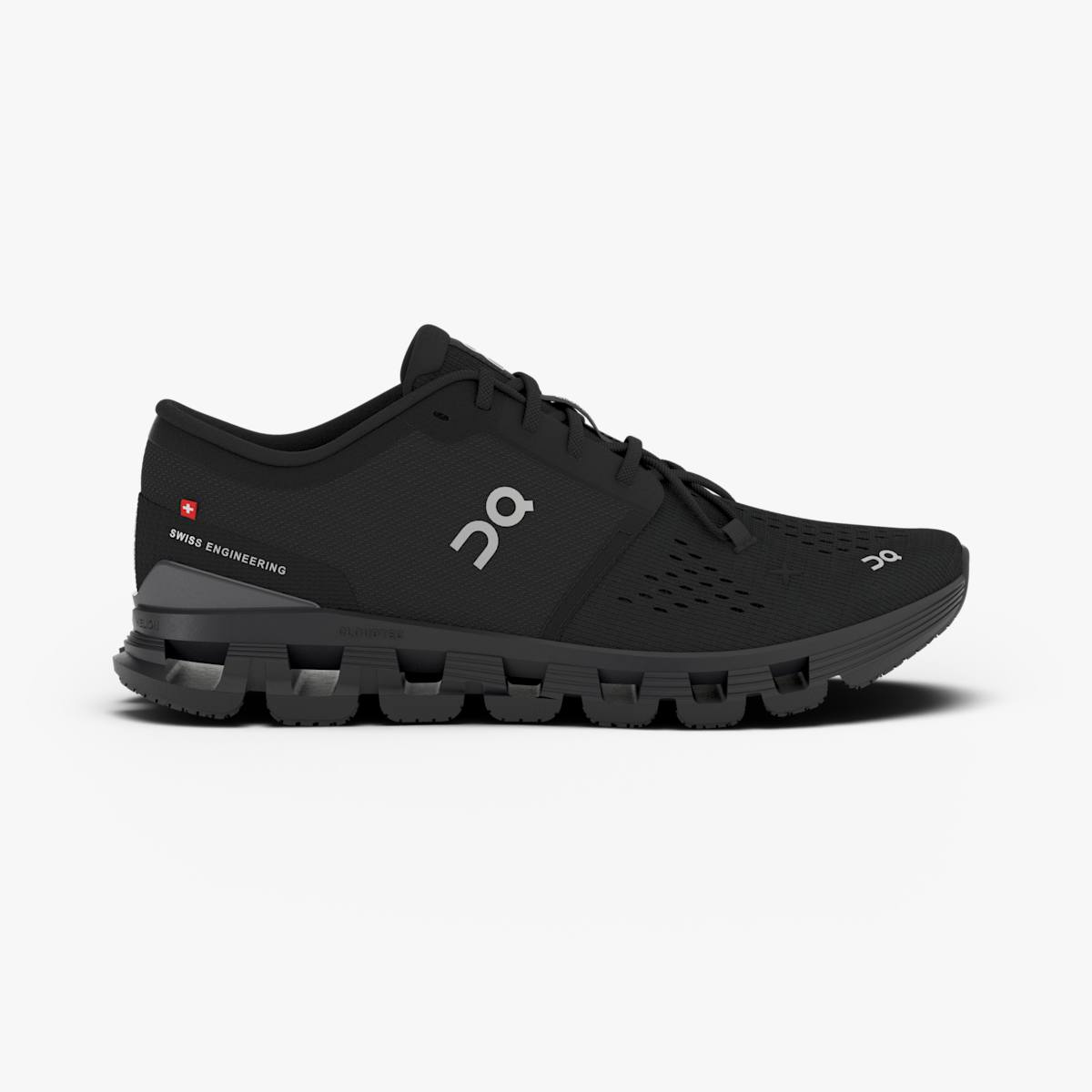 Men's On Cloud X 4. Black upper. Black midsole. Lateral view.