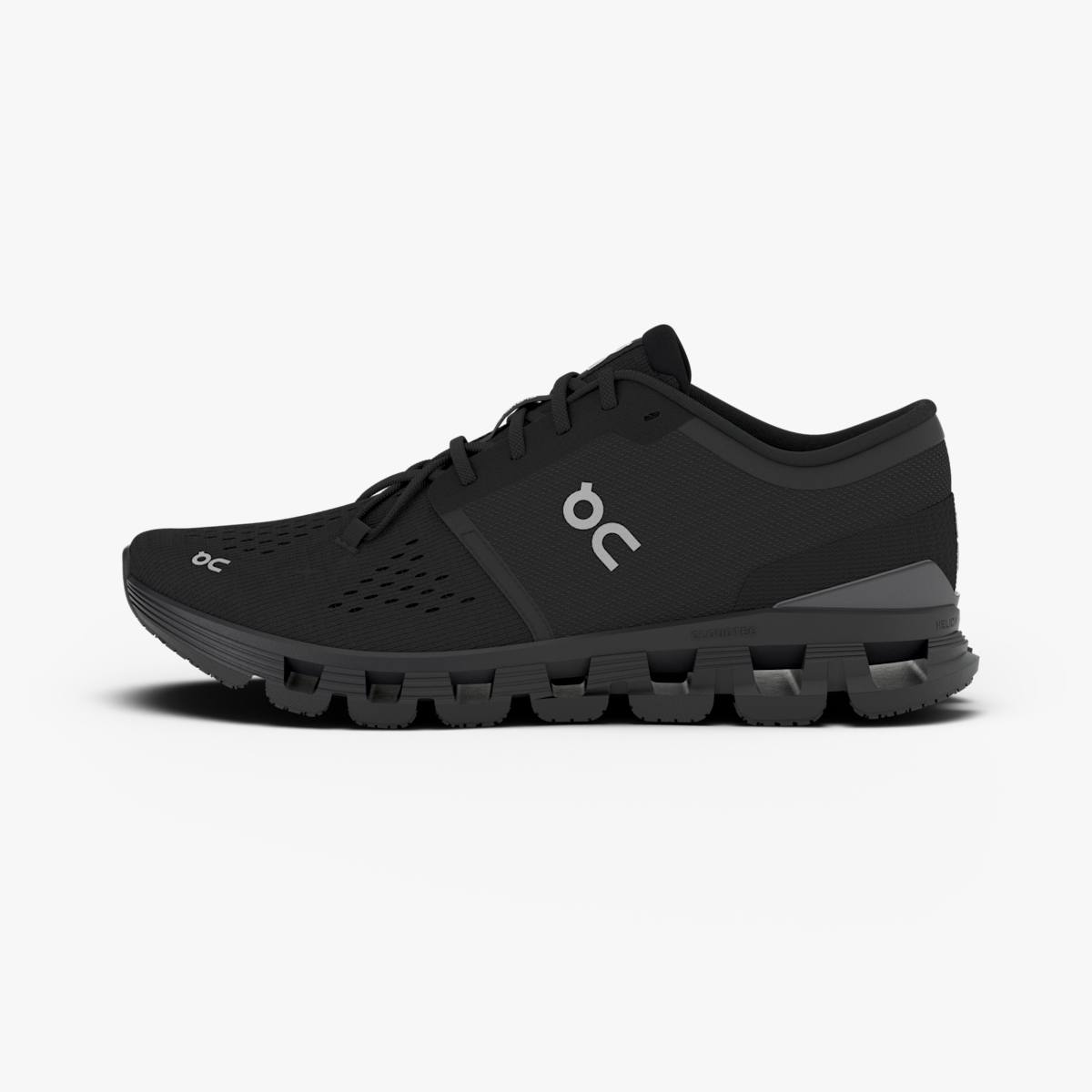 Men's On Cloud X 4. Black upper. Black midsole. Medial view.