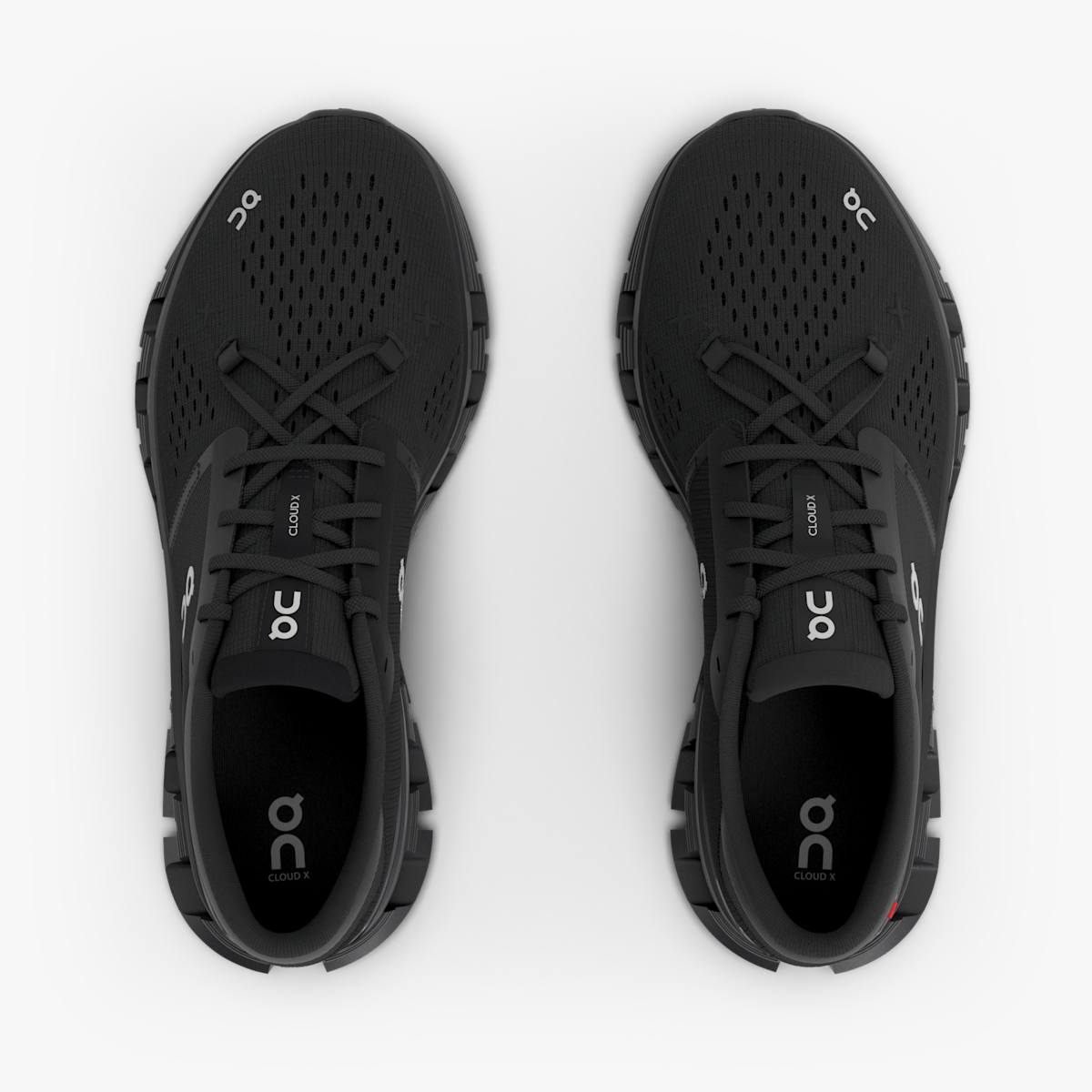 Men's On Cloud X 4. Black upper. Black midsole. Top view.