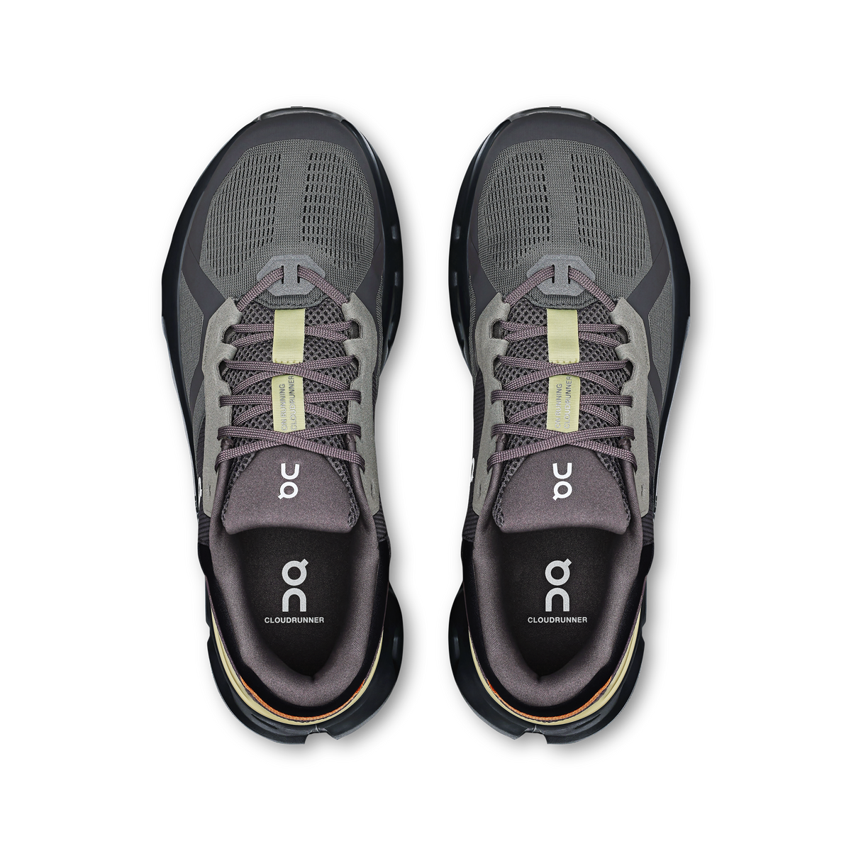 Men's On Cloudrunner 2. Black upper. Black midsole. Top view.