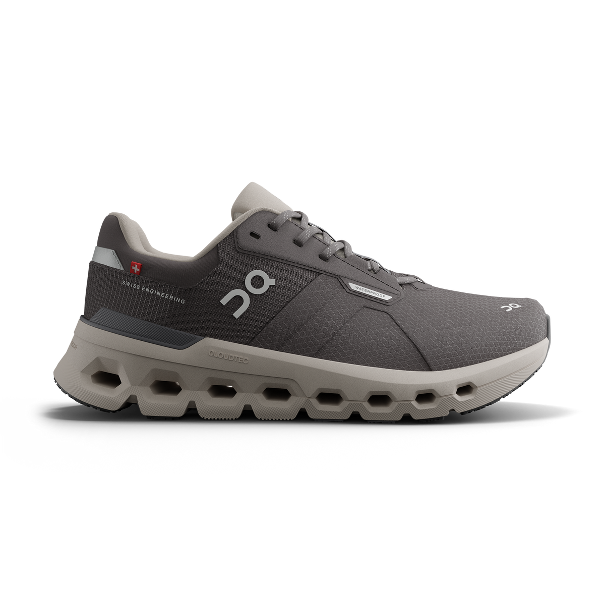 Men's On Cloudrunner WP. Dark grey upper. Grey midsole. Lateral view.