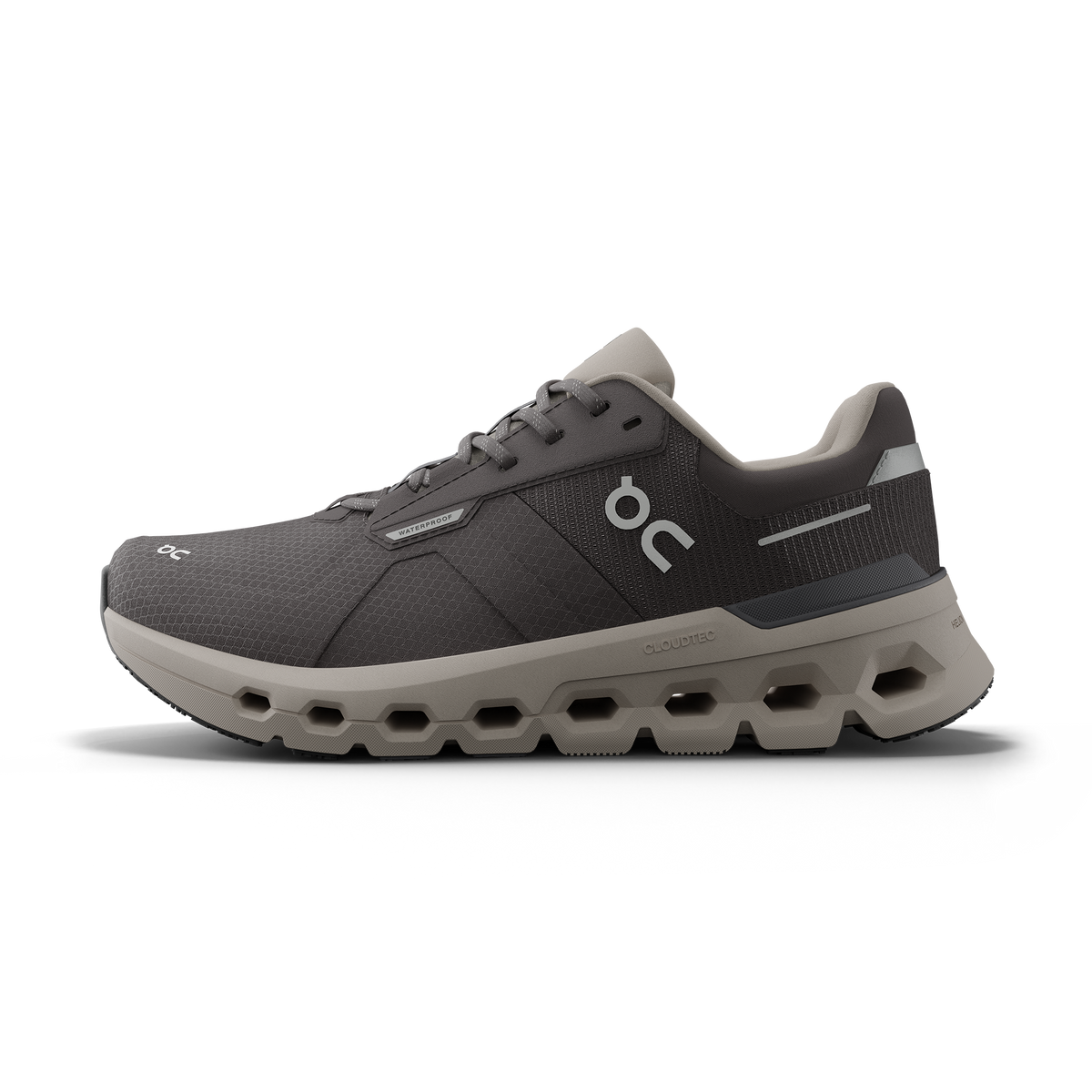 Men's On Cloudrunner WP. Dark grey upper. Grey midsole. Medial view.