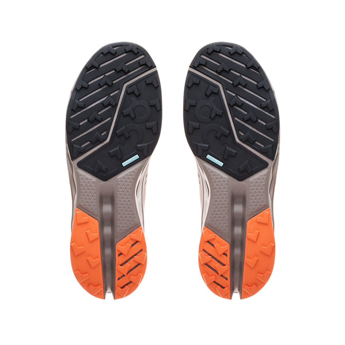 Men's On Cloudsurfer Trail 2. Grey upper. Grey midsole. Bottom view.