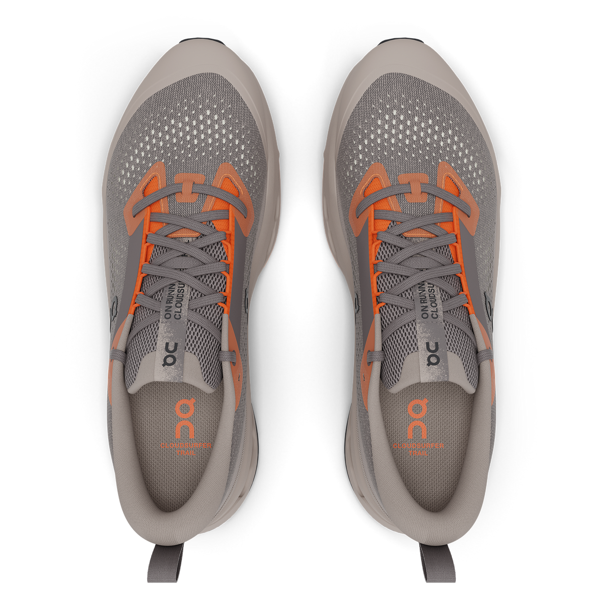Men's On Cloudsurfer Trail 2. Grey upper. Grey midsole. Top view.