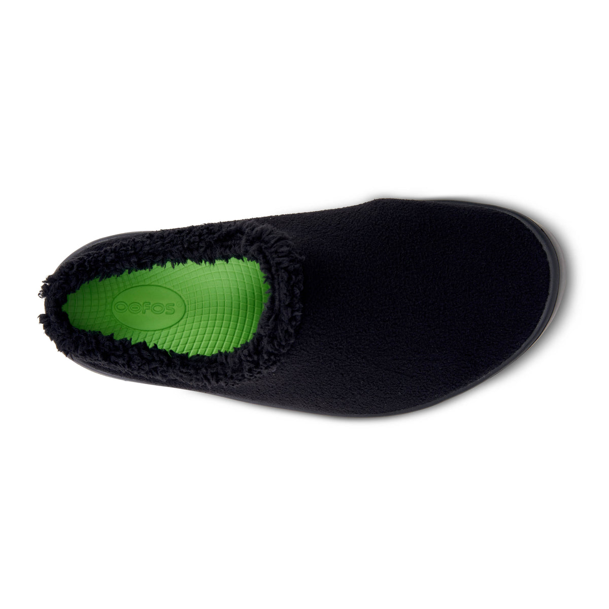 Oofos OOcoozie Mule. Black. Top view.