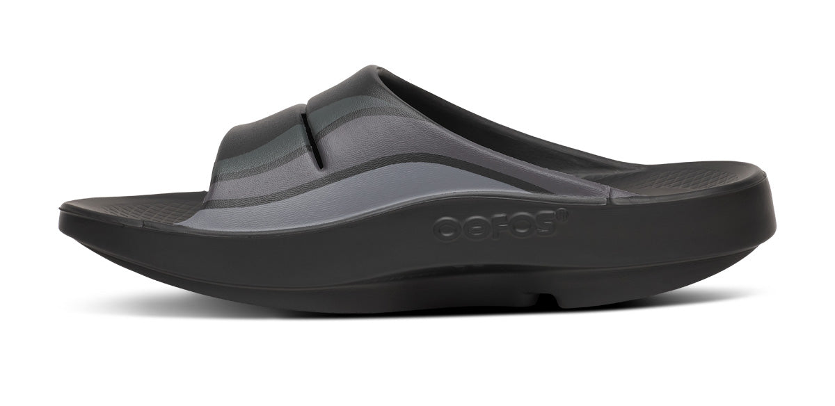 Men's Oofos Ooahh Sport Slide. Black. Medial view.