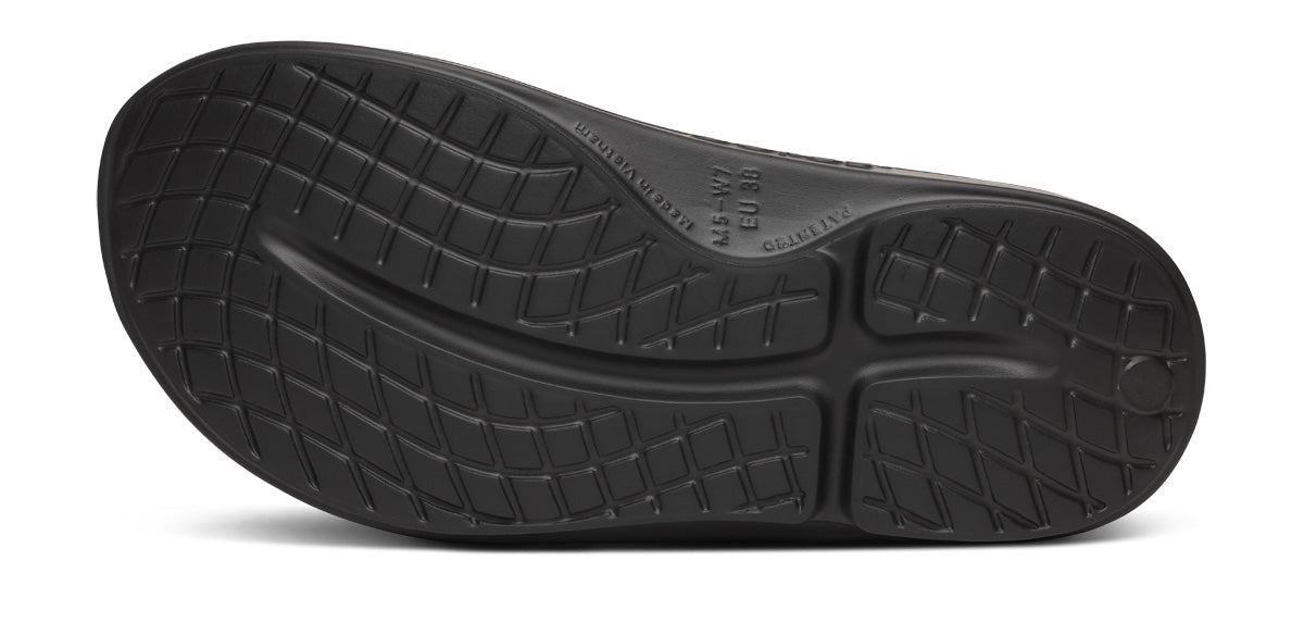 Men's Oofos Ooahh Sport Slide. Black. Bottom view.