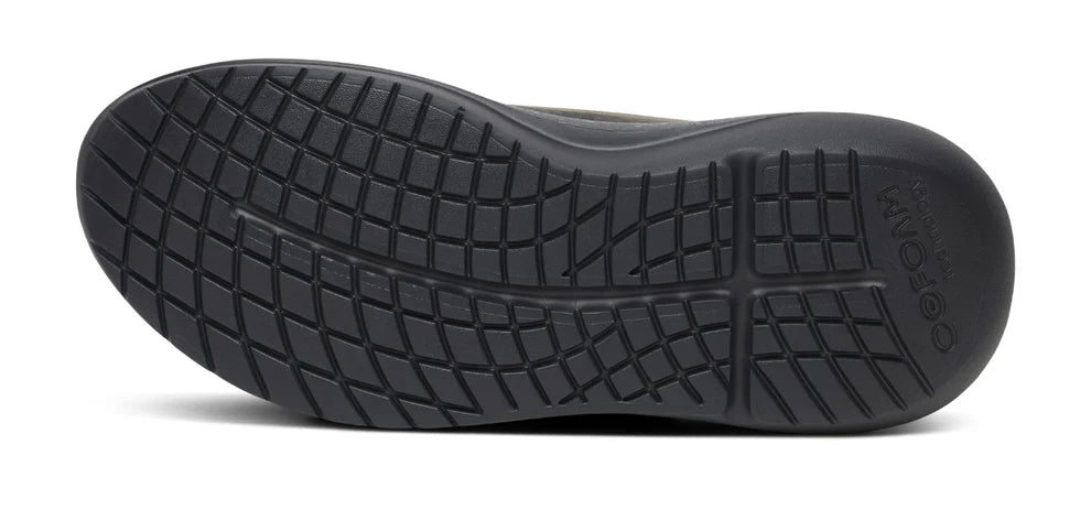 Men's Oofos Roam Ripstop. Green upper. Black midsole. Bottom view.