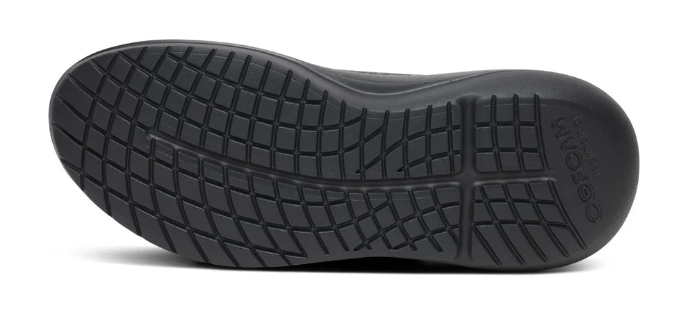 Men's Oofos Roam Ripstop. Black upper. Black midsole. Bottom view.