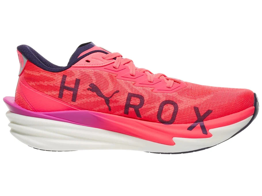 Men's Puma Deviate Nitro 4. Hyrox. Pink upper. Pink/White midsole. Medial view.