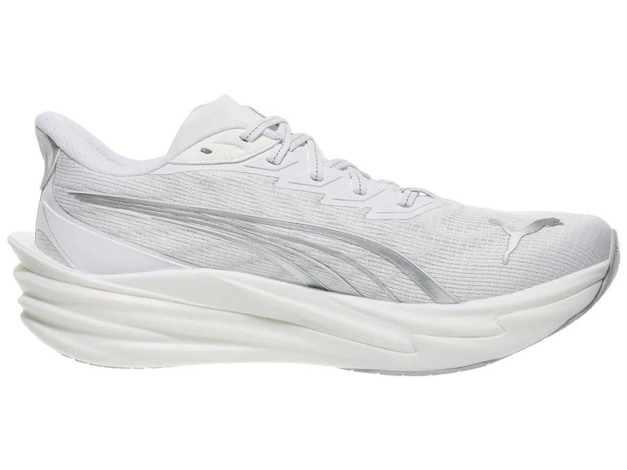 Men's PUMA Deviate Nitro $. White upper. White midsole. Medial view.