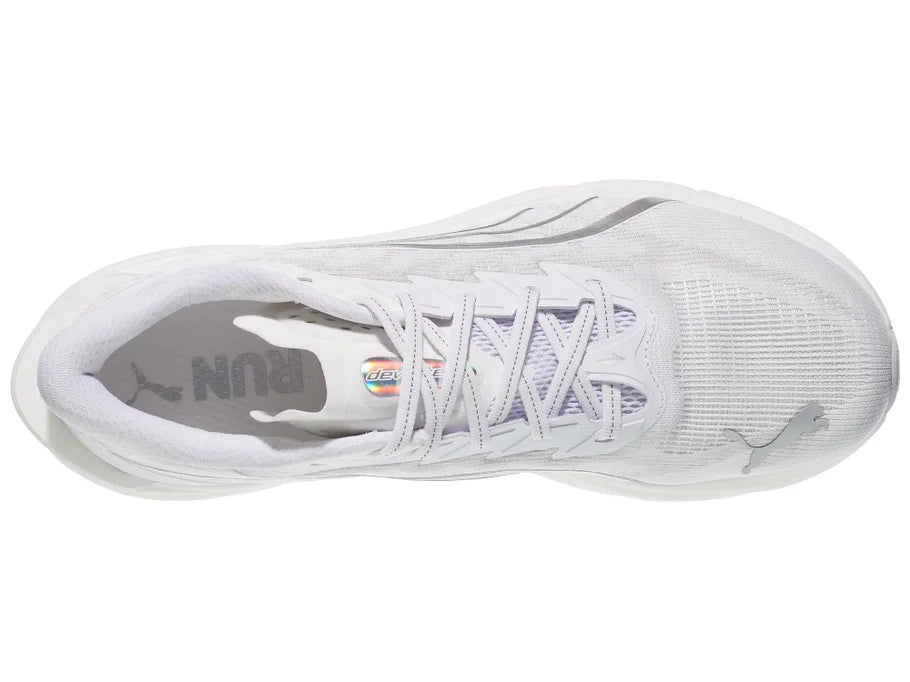 Men's PUMA Deviate Nitro $. White upper. White midsole. Top view.