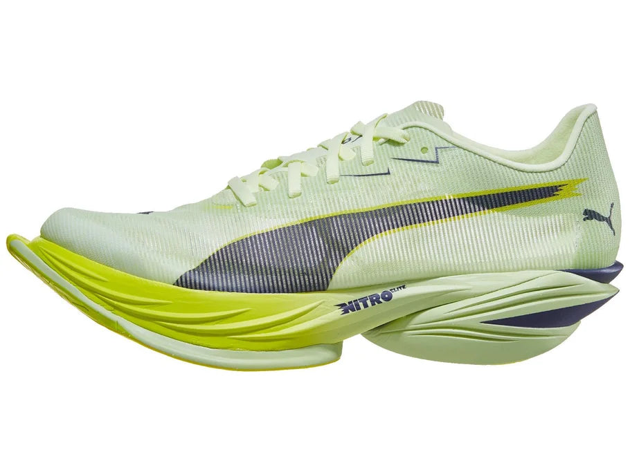 Men's Puma Fast-R Nitro Elite 3. Green upper. Yellow/Green midsole. Lateral view.