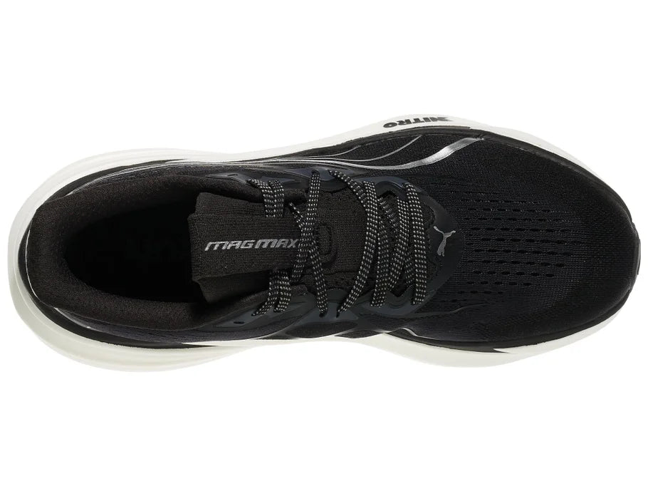 Men's PUMA MagMax Nitro 2. Black upper. White midsole. Top view.