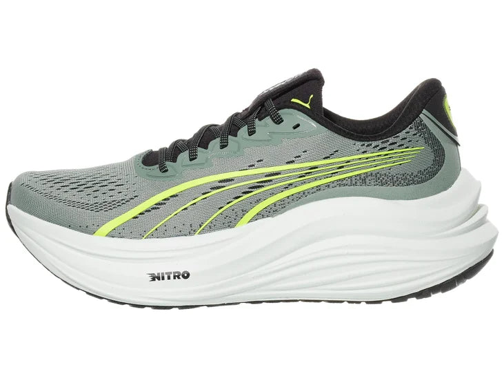 Men's Puma MagMax Nitro. Grey/Green upper. White midsole. Lateral view.