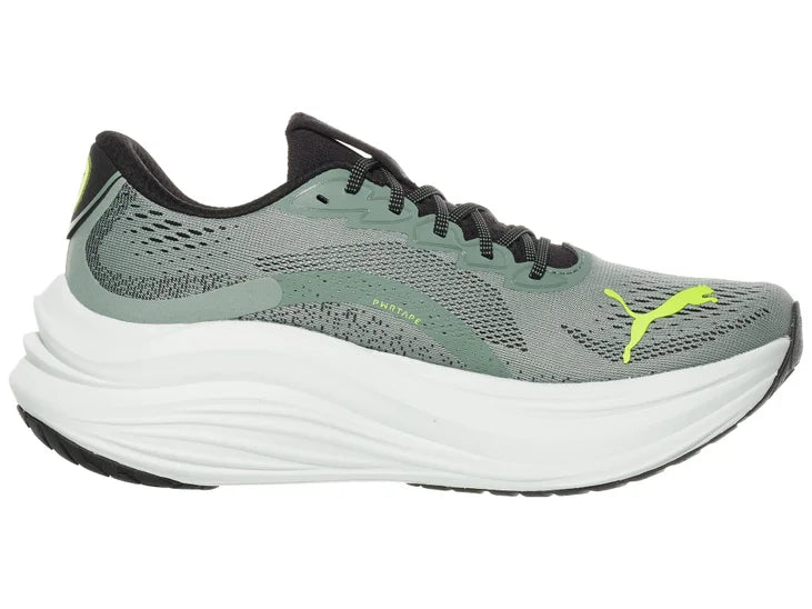 Men's Puma MagMax Nitro. Grey/Green upper. White midsole. Medial view.