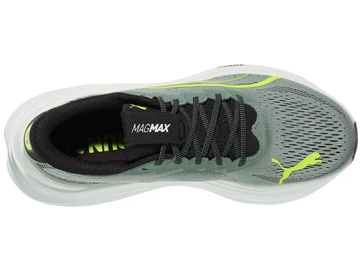 Men's Puma MagMax Nitro. Grey/Green upper. White midsole. Top view.