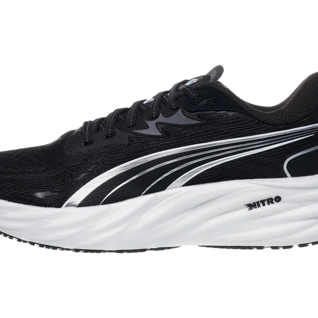 Men's Puma Velocity Nitro 4. Black upper. White midsole. Lateral view.