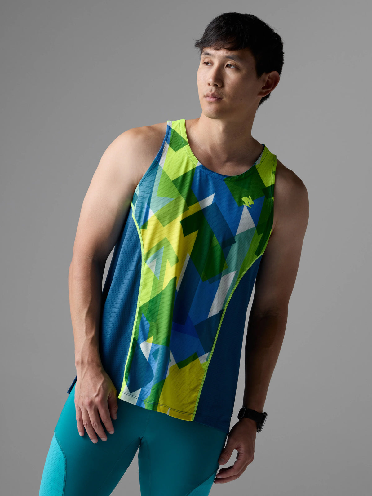 Men's rabbit Tempo Tank. Blue/Yellow/Green.