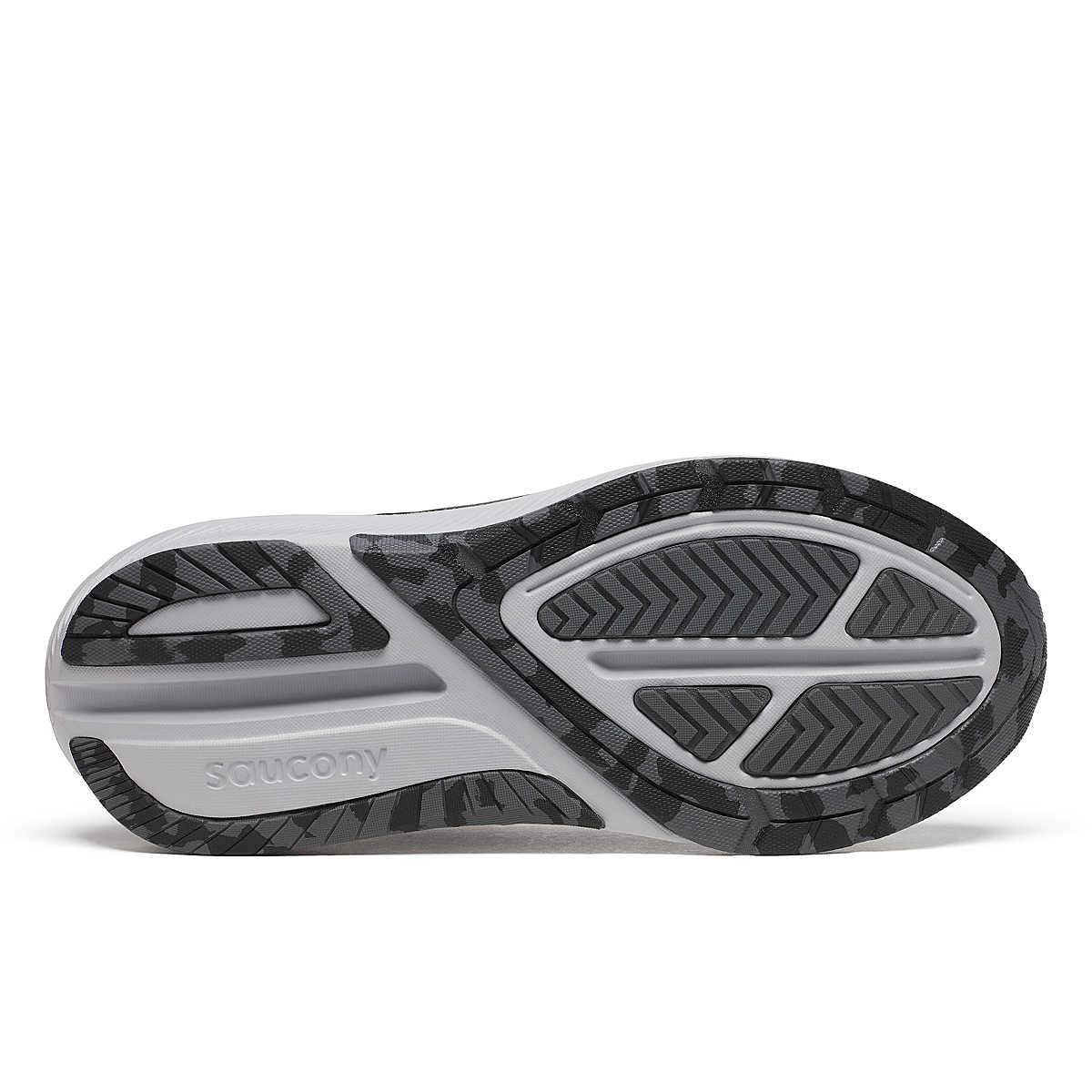 Men's Saucony Echelon 10. Black upper. Grey midsole. Bottom view.