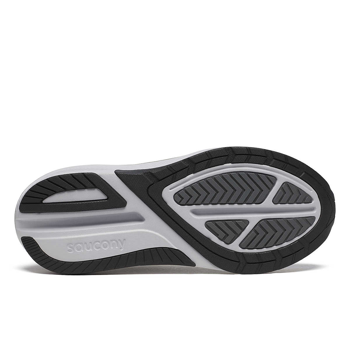 Men's Saucony Echelon 10. Grey upper. Grey and white midsole. Bottom view.