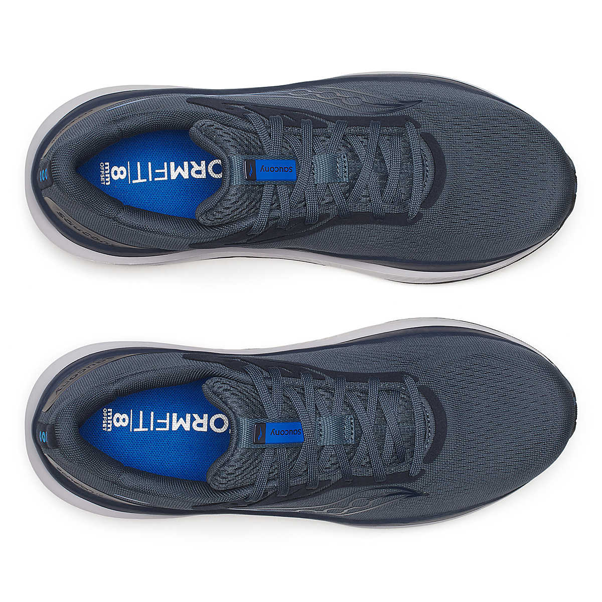 Men's Saucony Echelon 10. Grey upper. Navy blue and white midsole. Blue logo. Top view.