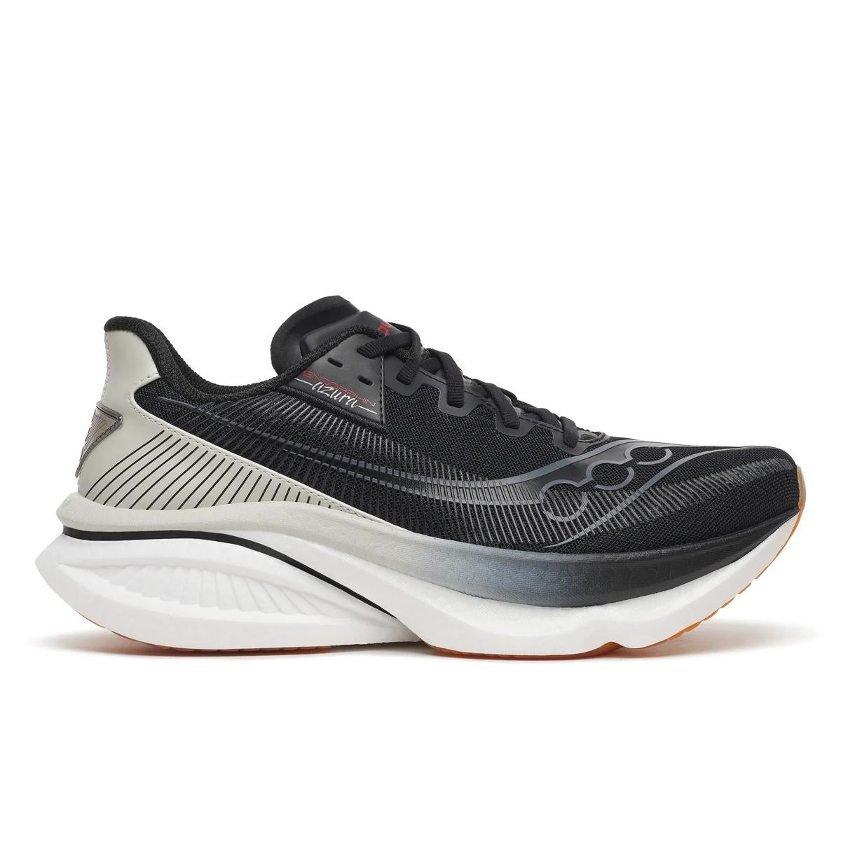 Men's Saucony Endorphin Azura. Black upper. White midsole. Lateral view.