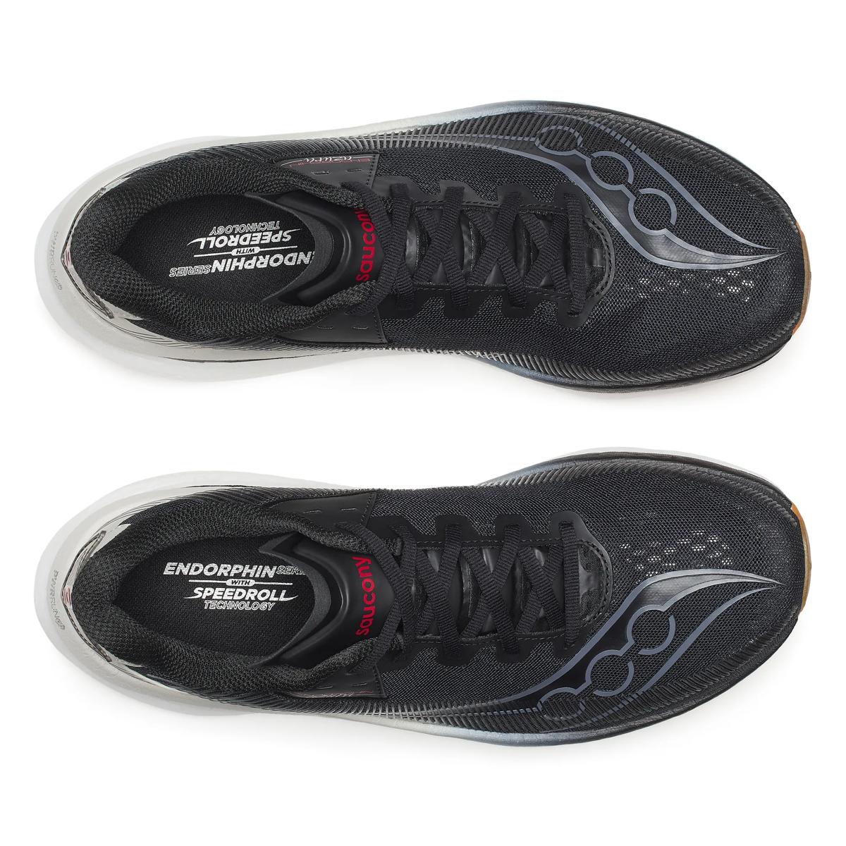 Men's Saucony Endorphin Azura. Black upper. White midsole. Top view.