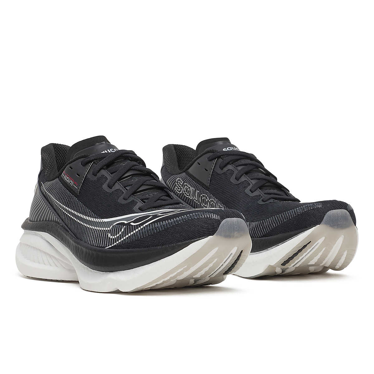 Men's Saucony Endorphin Azura. Black upper. White midsole. Lateral view.