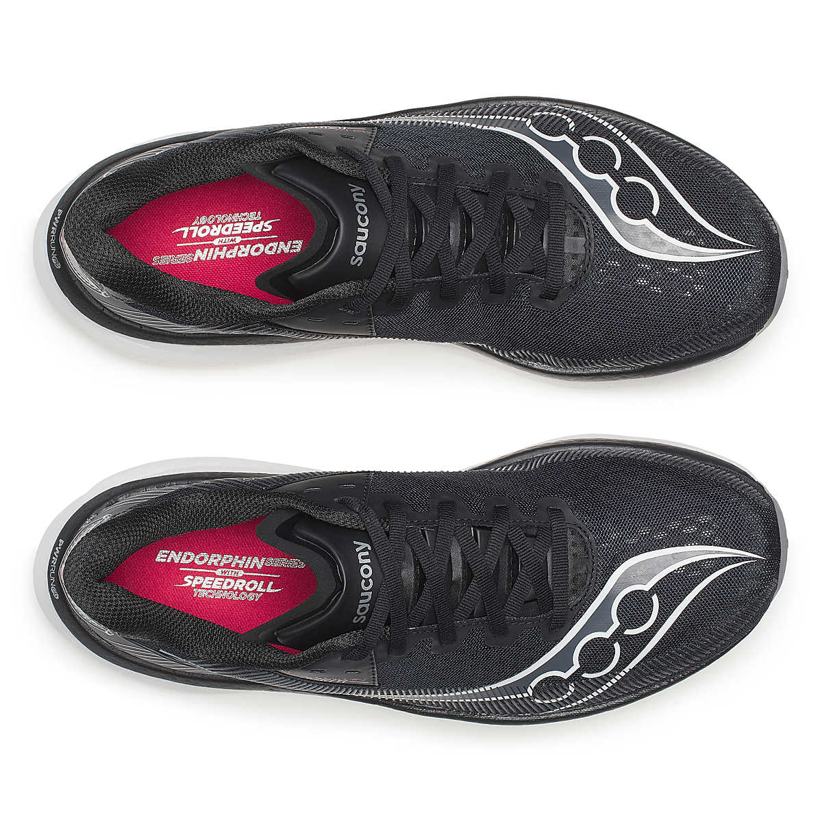 Men's Saucony Endorphin Azura. Black upper. White midsole. Top view.