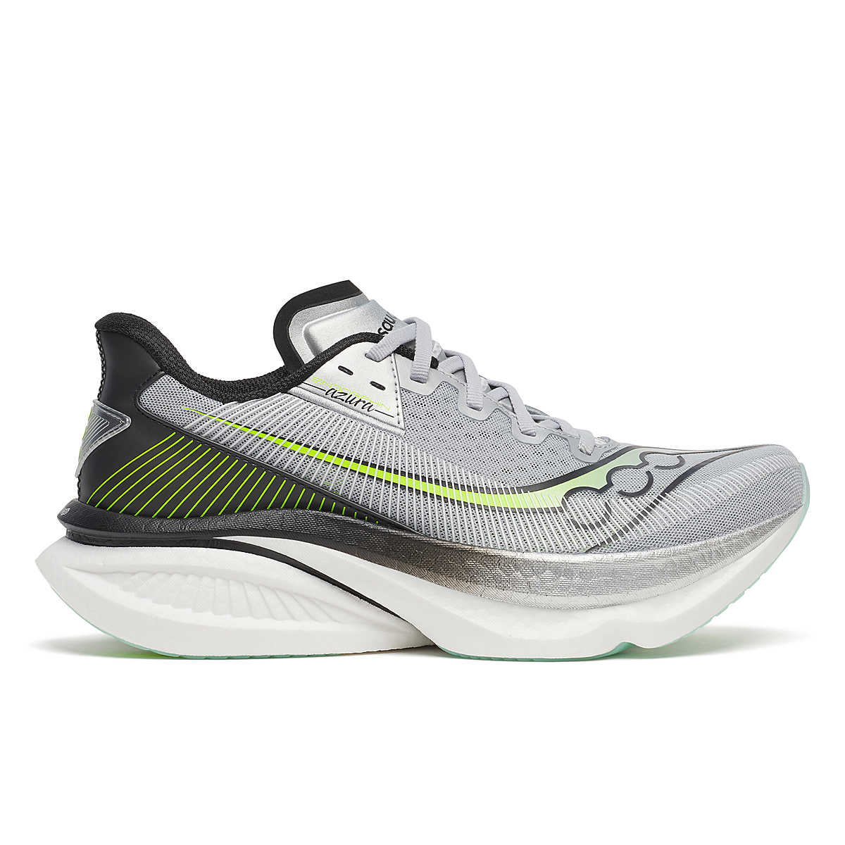 Men's Saucony Endorphin Azura. Grey, black, and neon yellow upper. White midsole. Lateral view.