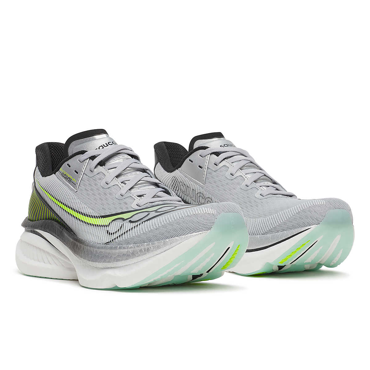 Men's Saucony Endorphin Azura. Grey, black, and neon yellow upper. White midsole. Lateral view.