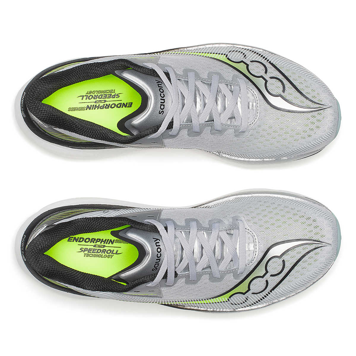 Men's Saucony Endorphin Azura. Grey, black, and neon yellow upper. White midsole. Top view.
