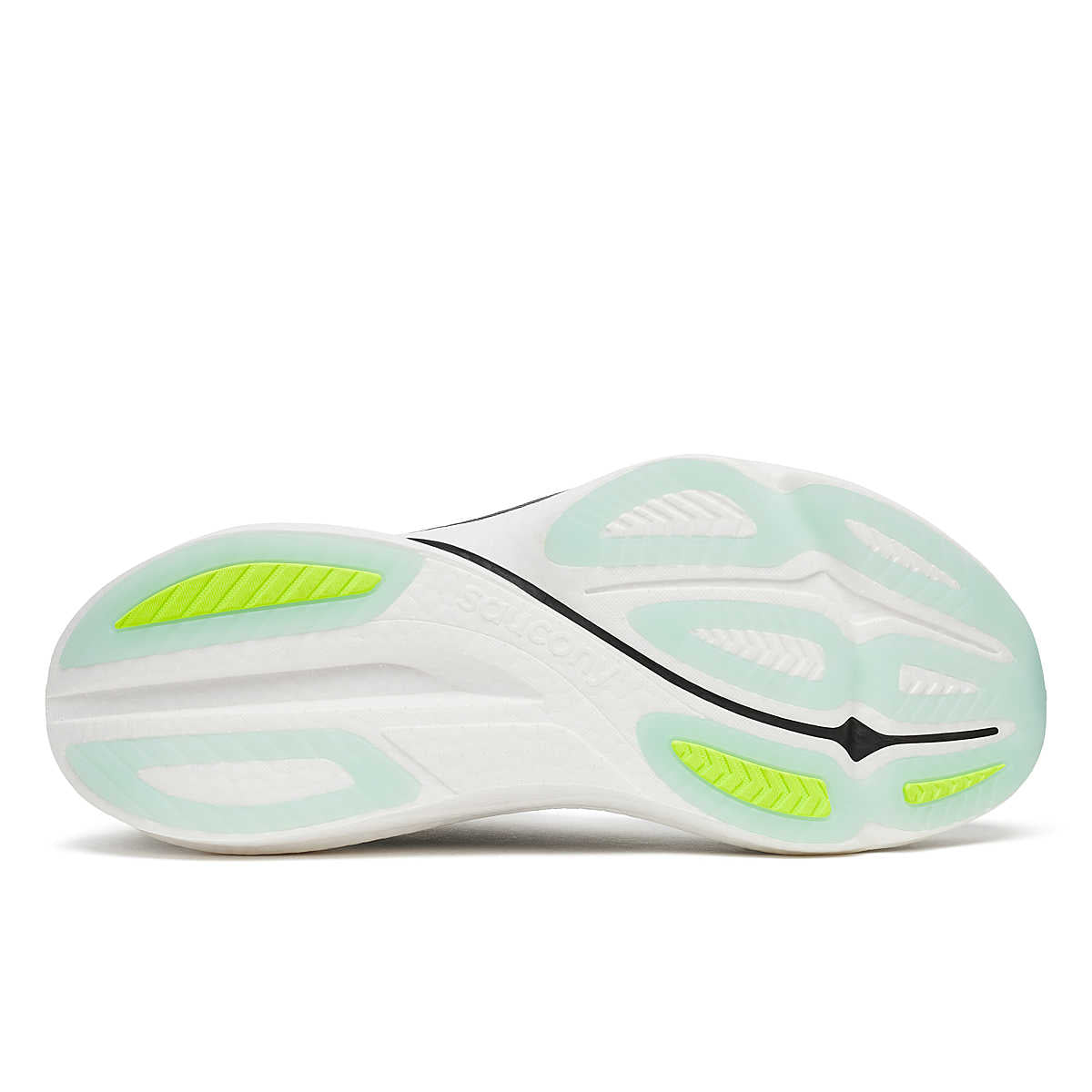 Men's Saucony Endorphin Azura. Grey, black, and neon yellow upper. White midsole. Bottom view.
