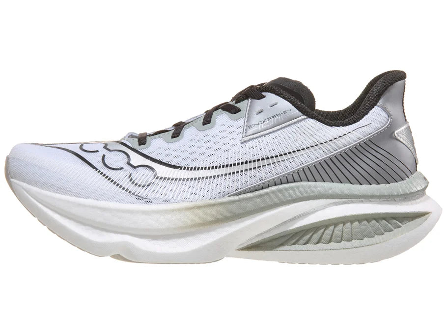 Men's Saucony Endorphin Azura. White upper. White midsole. Lateral view.