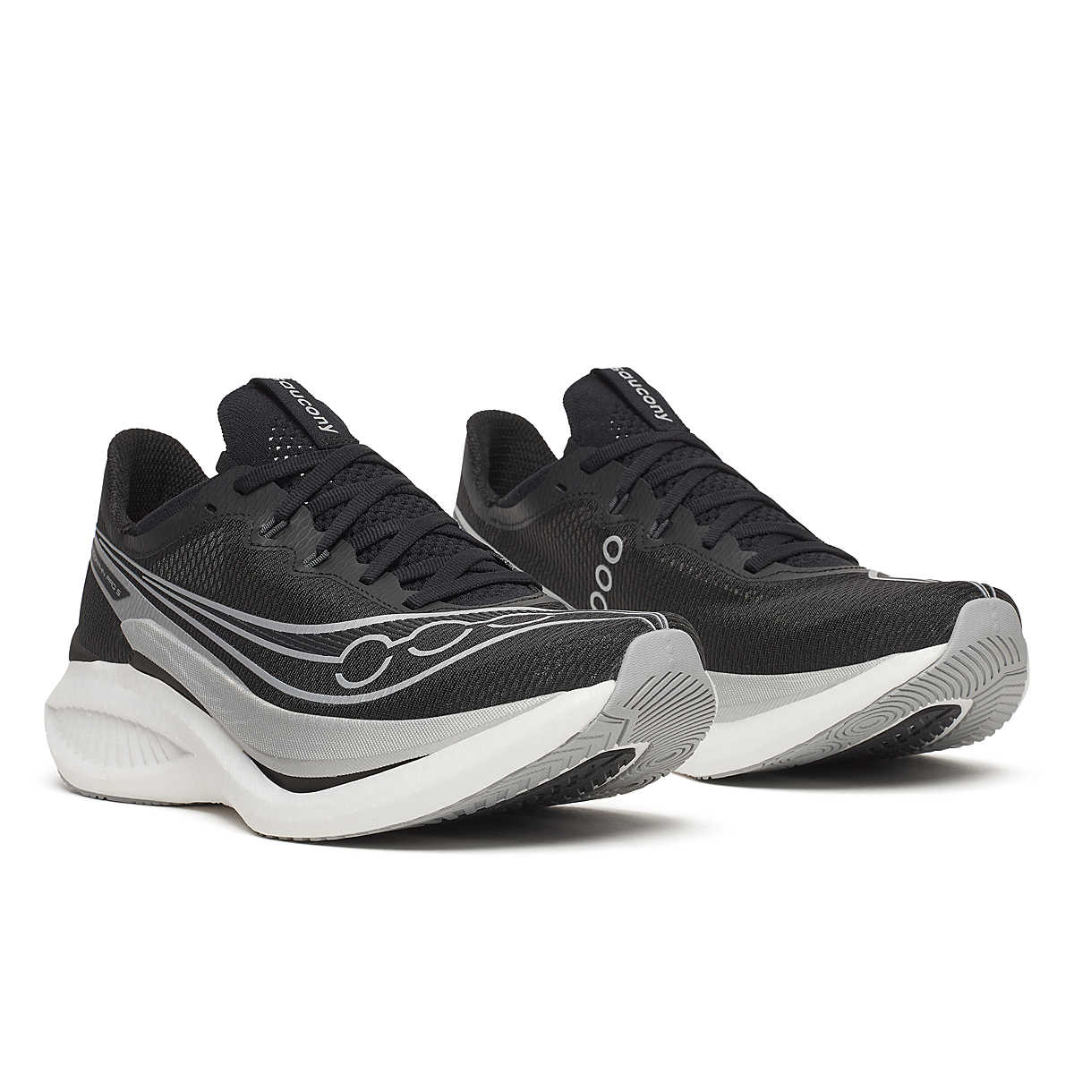 Men's Saucony Endorphin Pro 5. Black upper. White midsole. Lateral view.