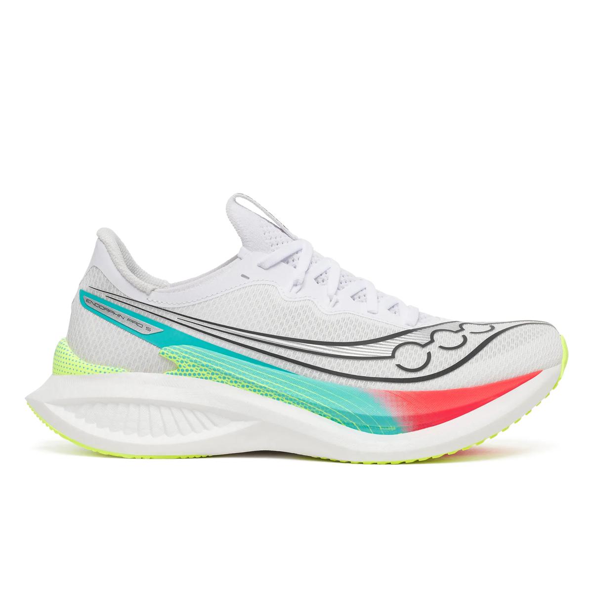 Men's Saucony Endorphin Pro 5. White/Multi. Lateral view.