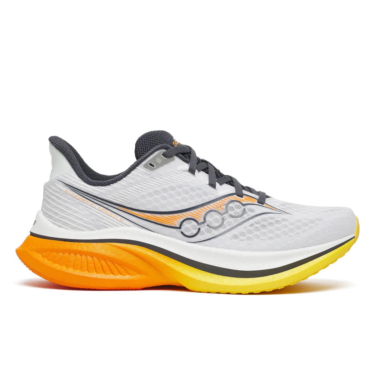 Men's Saucony Endorphin Speed 5. White upper. Orange midsole. Lateral view.