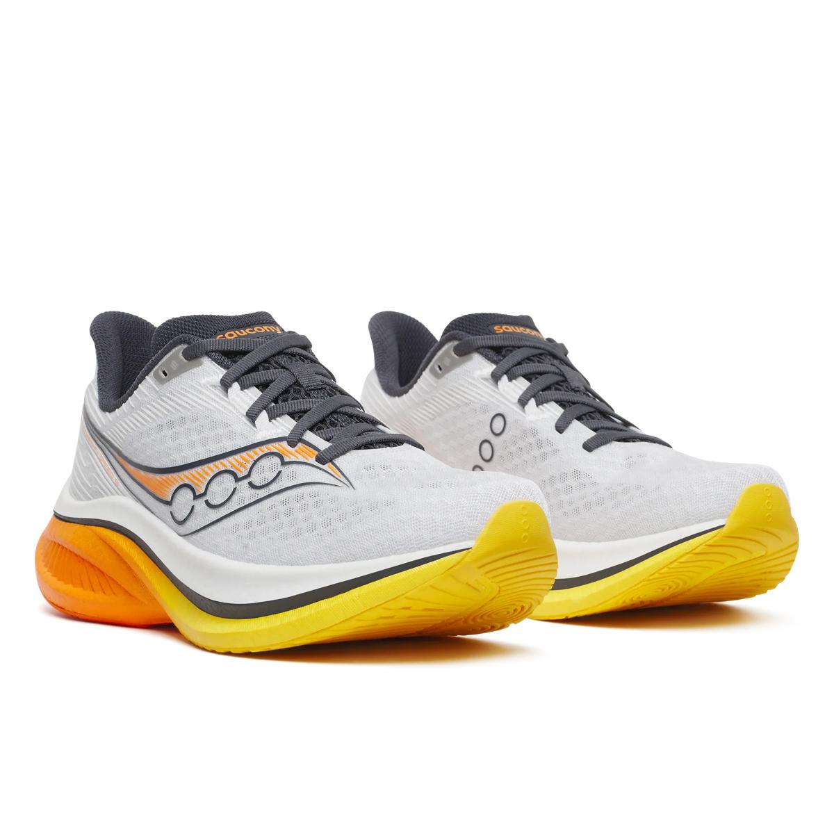 Men's Saucony Endorphin Speed 5. White upper. Orange midsole. Lateral view.