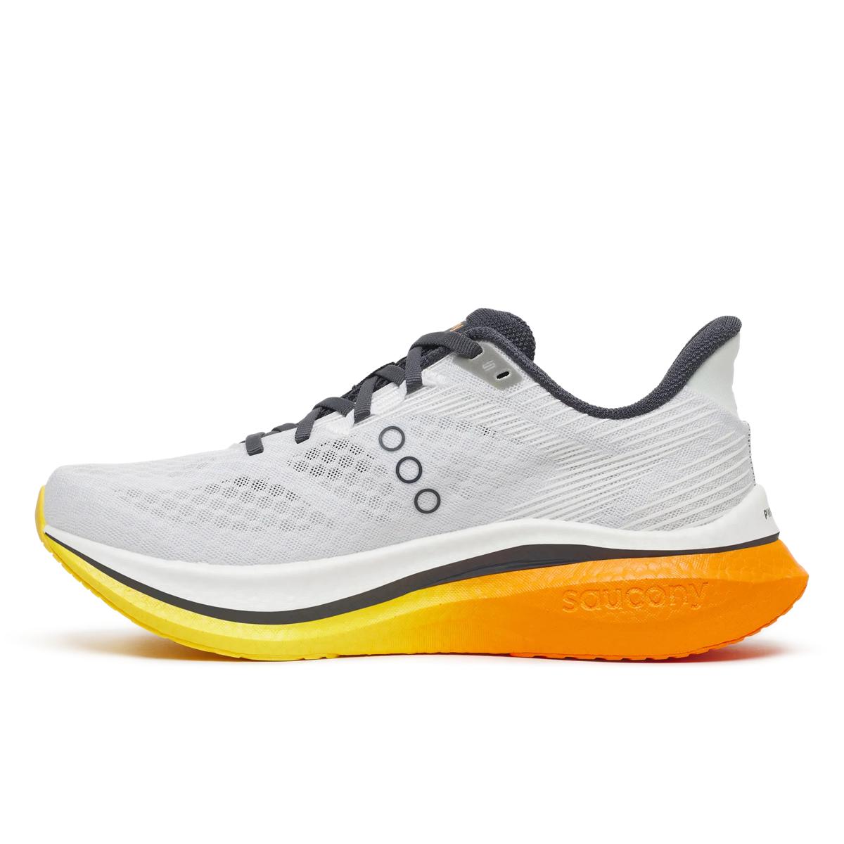 Men's Saucony Endorphin Speed 5. White upper. Orange midsole. Medial view.