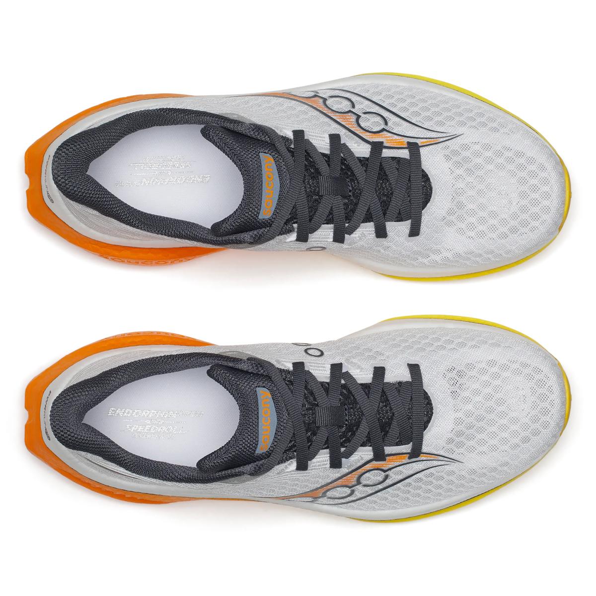 Men's Saucony Endorphin Speed 5. White upper. Orange midsole. Top view.