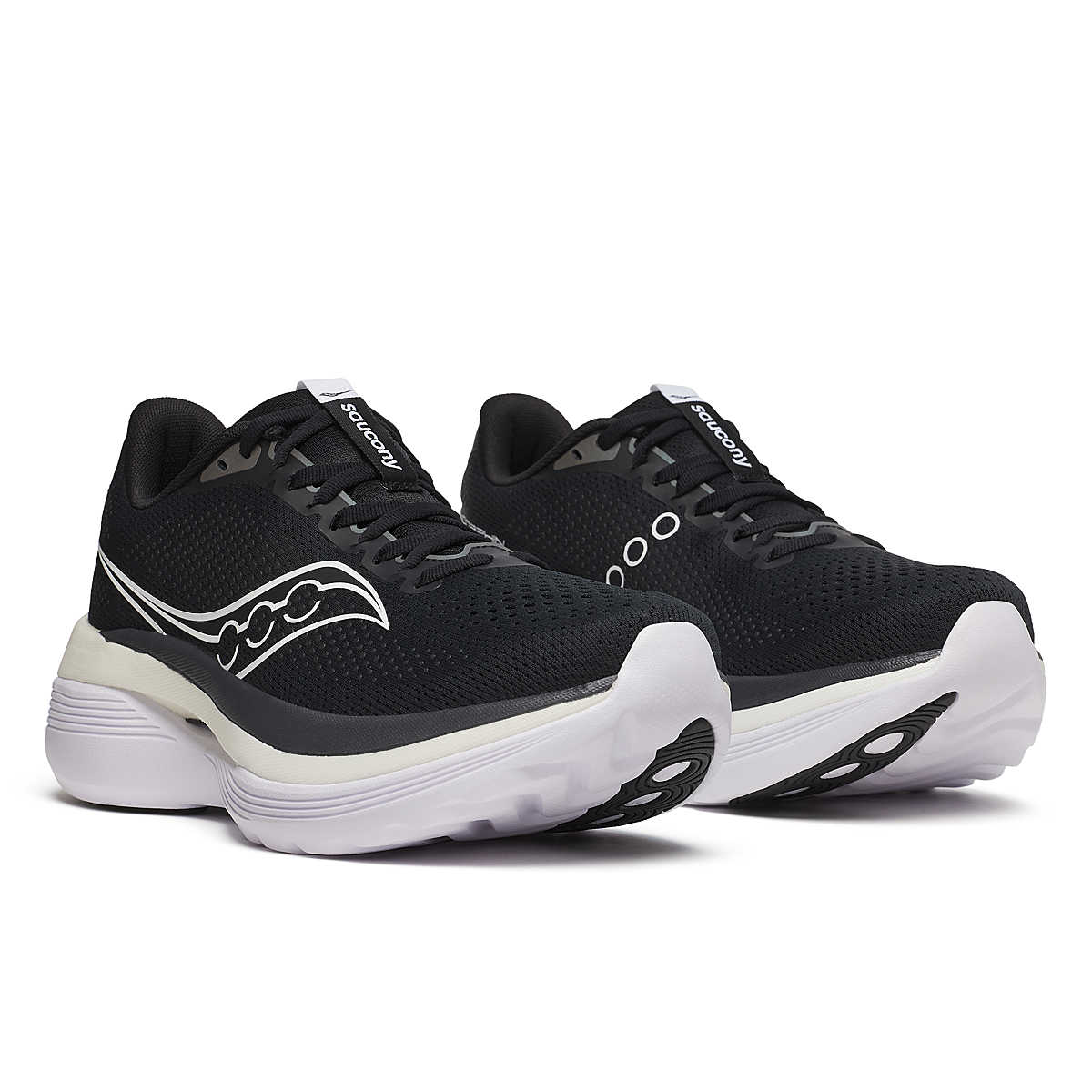 Men's Saucony Endorphin Trainer. Black upper. White midsole. Lateral view.
