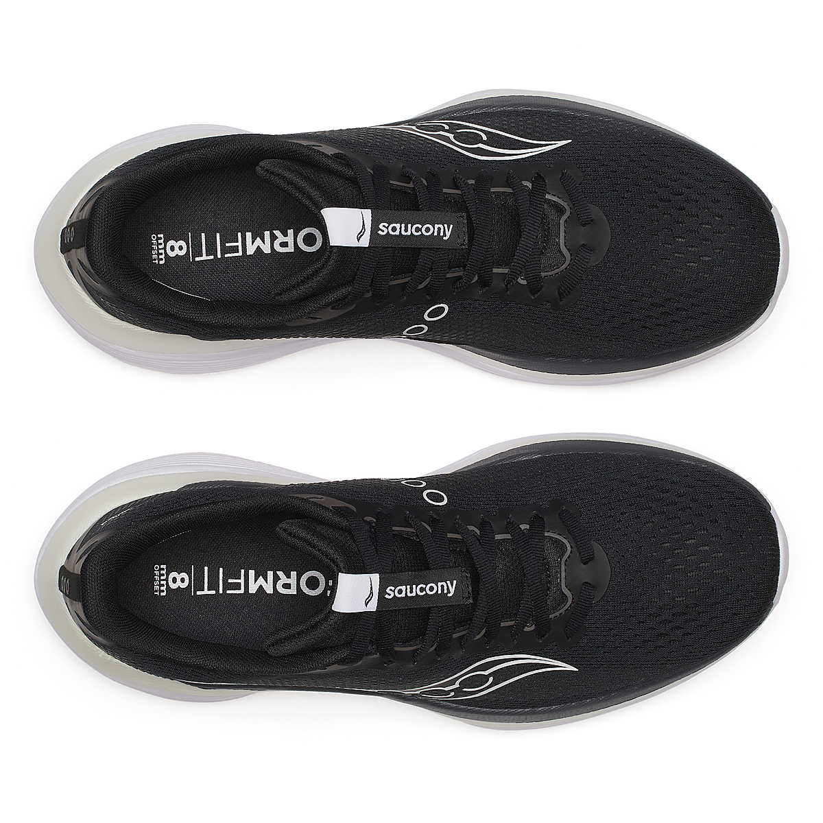 Men's Saucony Endorphin Trainer. Black upper. White midsole. Top view.